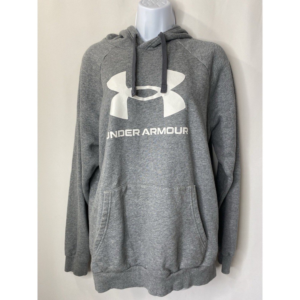 Under Armour Hoodie Mens Size Medium Gray Big Logo Pullover Sweatshirt Soft Warm